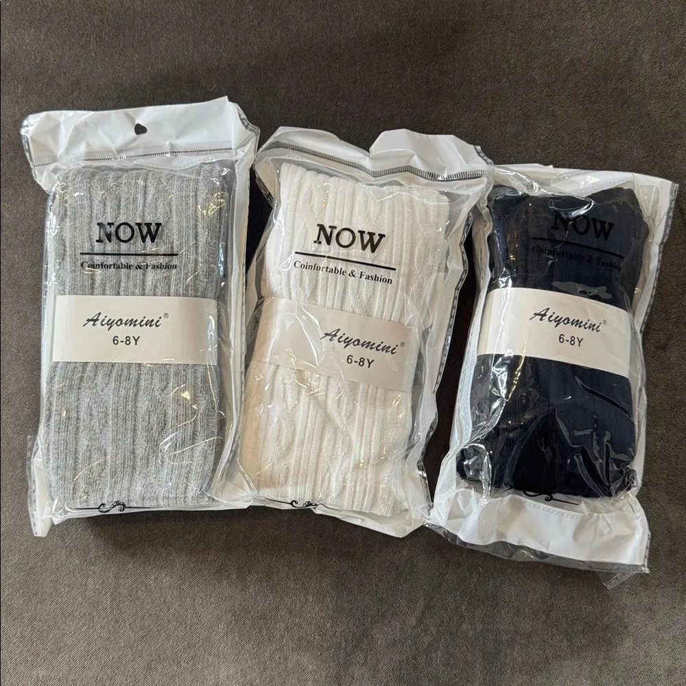 Girls Ribbed Tights 6-8 years Black Gray White (3 Pairs) NEW